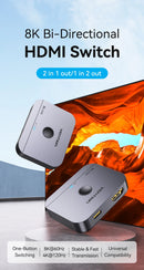Divisor HDMI 2.1 Vention 8K 60Hz 4K120Hz Bidirecional 2 entradas 1 saída para TV Xiaomi Xbox PS4 5 Monitor compatível com HDMI