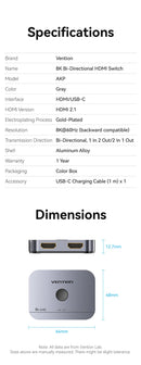 Divisor HDMI 2.1 Vention 8K 60Hz 4K120Hz Bidirecional 2 entradas 1 saída para TV Xiaomi Xbox PS4 5 Monitor compatível com HDMI